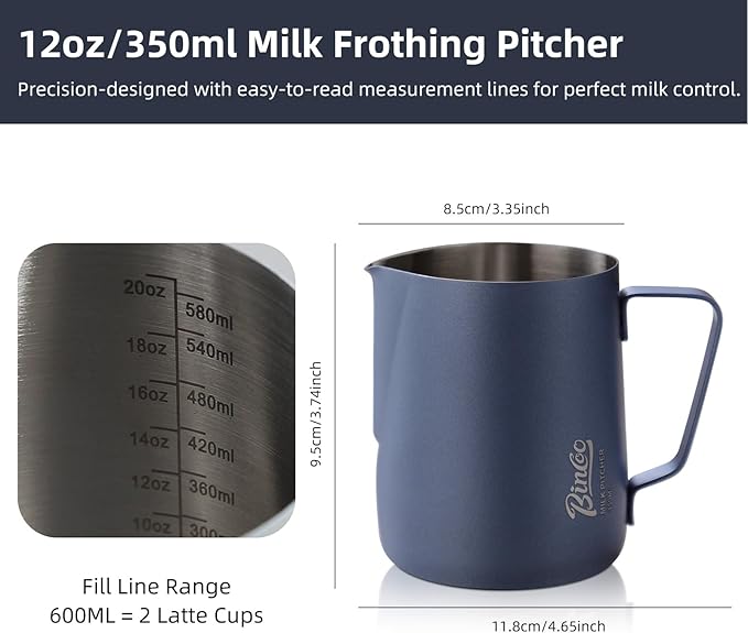 Milk Frothing Pitcher - 350ml/12oz Milk Frother Cup Espresso Steaming Pitcher for Barista, Bincoo SUS304 Stainless Steel Espresso Steaming Pitchers for Latte Art/Cappuccino/Coffee (Dark-Blue-350ml)