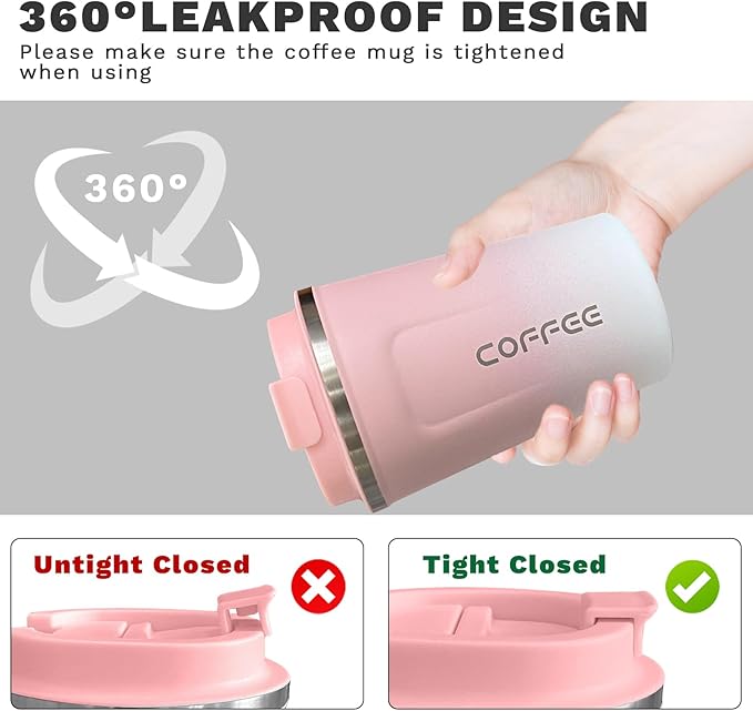 YINBAOGE Insulated Travel Coffee Mug Spill Proof Leak Proof Pobtable To Go Camping Stainless Steel Coffee Tumbler Reusable Coffee Cups with Lids Thermos for Hot and Cold Drink (2nd-Pink White, 12 OZ)