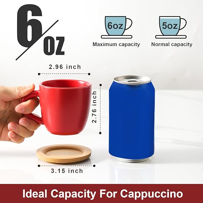 Hasense Cappuccino Cups with saucers, 6 Ounce Ceramic Coffee Mugs Set of 6 Perfect for Espresso, Specialty Coffee Drinks, Latte, Cafe Mocha and Tea, Red
