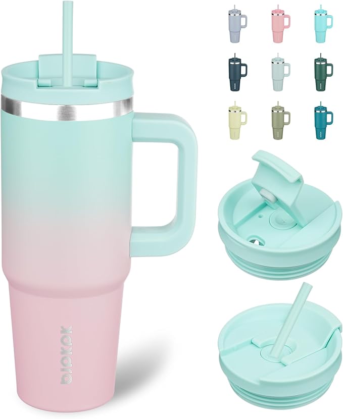 BJPKPK 30 oz Stainless Steel Tumbler With Handle Insulated Tumblers With 2 Straw Travel Coffee Mug With Lid,Bubble Gum