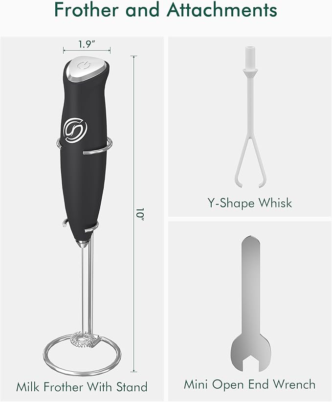 Milk Frother With Stand Handheld Frother Wand Drink Mixer Handheld Coffee Stirrers Electric Frother for Coffee Mixer Wand with 2 Whisk frother for protein powder-Black