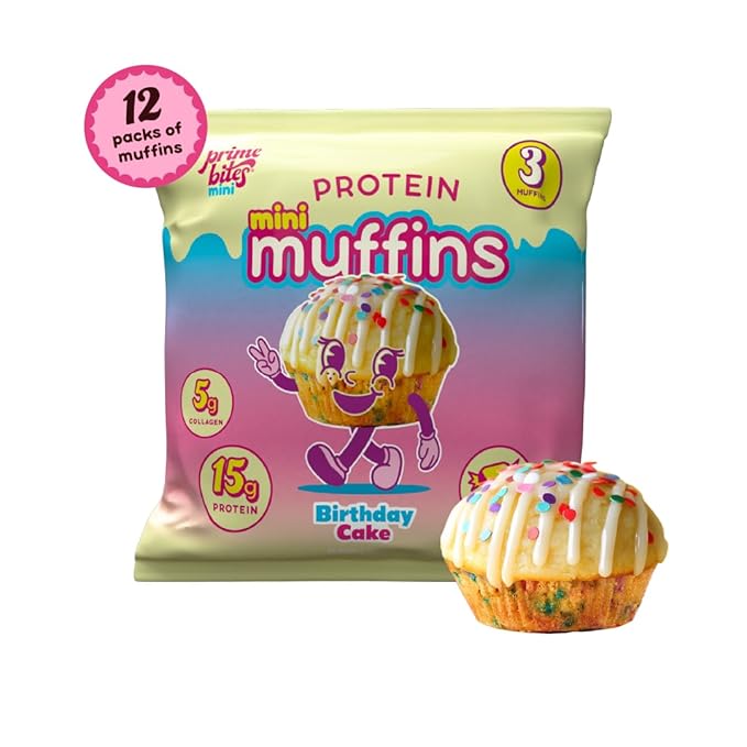 Prime Bites Minis | Protein Mini Muffins from Alpha Prime Supplements | High Protein, Collagen Fortified Low Sugar Treat | Delicious Snack | 12 Packs per Box - Birthday Cake