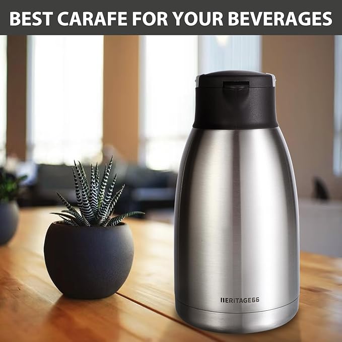Heritage66 Thermal Coffee Carafe Dispenser, Triple Wall Stainless Steel, Vacuum Insulated, 34 oz/1 Liter, Keeps Hot 12 Hours (2 Liter / 68 Oz)