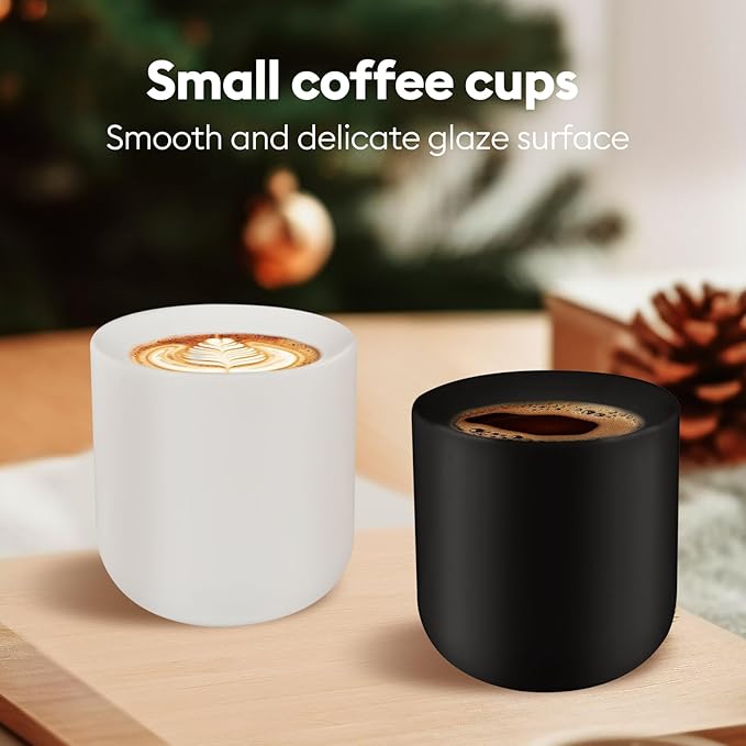 A set of 2 matte black ceramic espresso cups, thickened cup walls, slanted mouth design, each with a capacity of 3 ounces, hand washable only