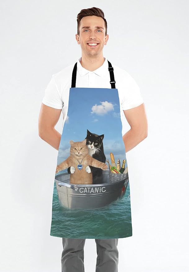 Funny Cats Adjustable Bib Apron, The two brave cats are drifting in the steel Cooking Kitchen Apron for Men Women