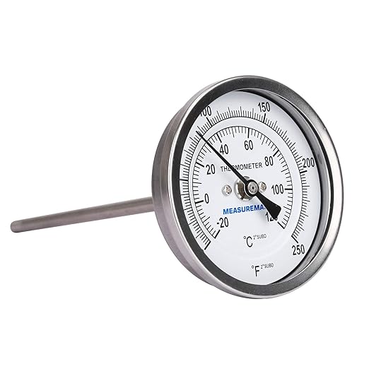 MEASUREMAN Fully Stainless Steel Pot, Kettle, Brewing Bimetal Dial Thermometer, 3" Dial, 6" Stem, 0-250 deg F/-20-120 deg C, -1% Accuracy, Adjustable, 1/2" NPT Back Mount