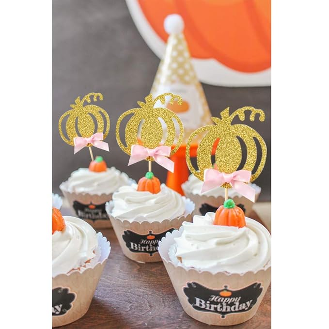 Pumpkin Cupcake Topper Fall Theme Cake Decoration for Pumpkin Themed Baby Shower Party Supplies, Pumpkin Food Pick - Set of 24 (Pink Bow)