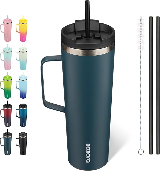 BJPKPK Insulated Tumbler with Handle, 30oz Insulated Tumblers with Lid and Straw, Stainless Steel Metal Water Bottles, Coffee Travel Mugs, Cups, Navy Blue