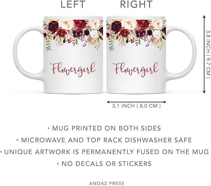 Andaz Press 11oz. Wedding Ceramic Coffee Tea Mug Gift, Fall Autumn Marsala Burgundy Flowers Roses Florals, Flowergirl, 1-Pack, Includes Gift Box