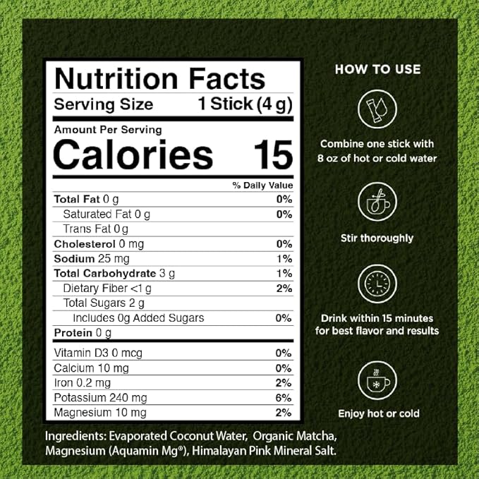 VitaCup Hydration Matcha Instant Packets, for Natural Energy and Detox, w/Electrolytes, Ceremonial Grade Organic Matcha, Coconut Water, Pink Himalayan Salt, Magnesium, in Single Serve Sticks, 10 Ct