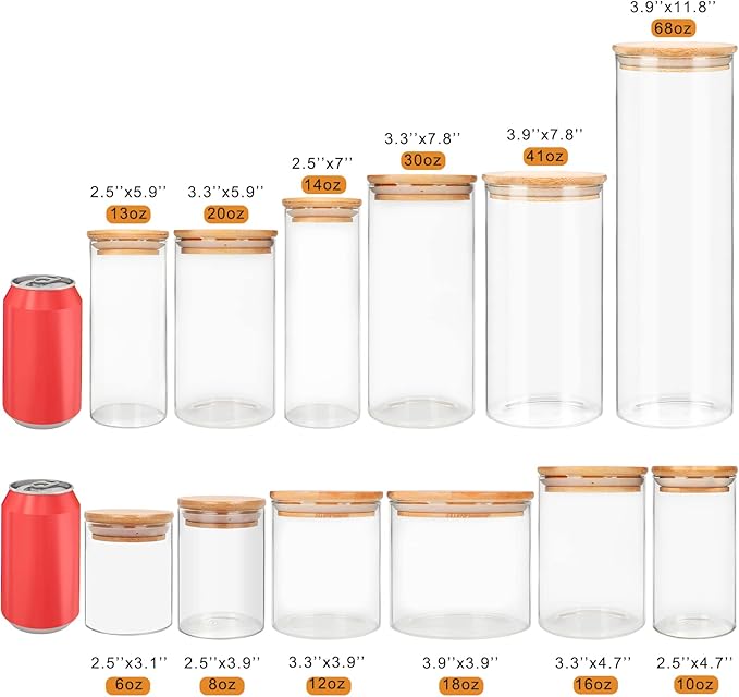 Glass Food Storage Containers Jars with Airtight Bamboo Lid 16 oz 9 pcs, 490 ml Pantry Organization Jar, Glass Terrarium with Lid, Spice, Flour and Sugar Container, Canister Set for Kitchen Counter