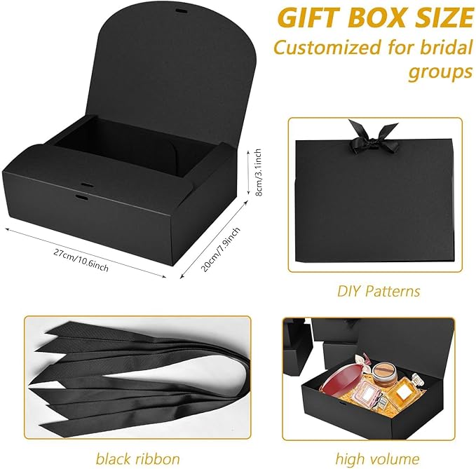15Pack Gift Boxes with Lids, 10.6x7.8x3.1 Inches Bridesmaid Proposal Boxes with Ribbon, Black Gift Boxes for Presents,Kraft Paper Boxes for Wedding Christmas Birthday Baby Shower Party