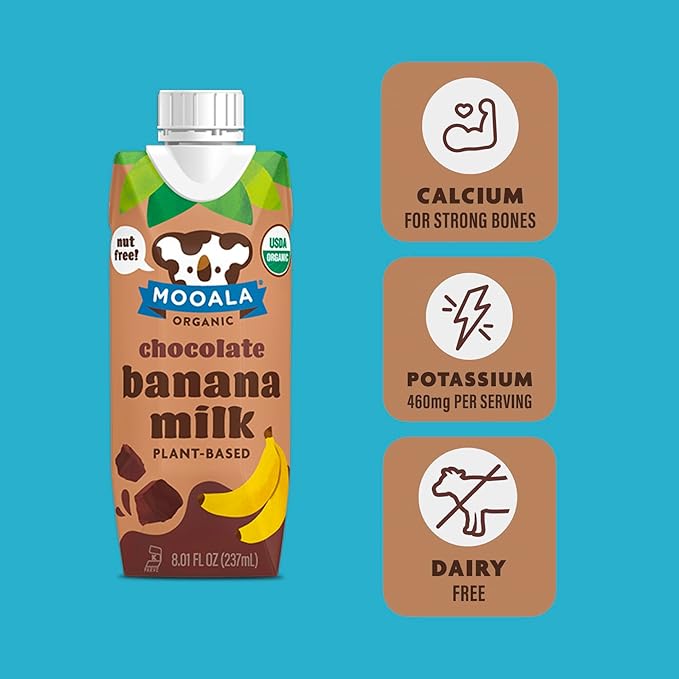 Mooala - Organic Chocolate Bananamilk, Lunchbox Friendly, Shelf-Stable, Non-Dairy, Nut-Free, Plant-Based Beverage, On the Go 12 Pack