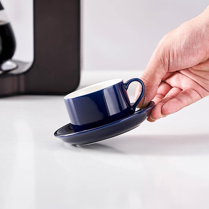 4oz Porcelain Stackable Espresso Cups with Saucers and Metal Stand Set of 4, Stackable Cappuccino Cups, Blue Expresso Shots Cup Set for Coffee Drinks, Latte, Americano, Tea