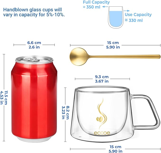 ecooe Double Walled Glass Coffee Mug 12oz Cappuccino Latte Macchiato Cups Set of 2 Clear Glass Coffee Cups with Handle, Double Wall Glass Cup for Tea Milk Juice Ice Cream, Birthday Gifts for Mum Dad