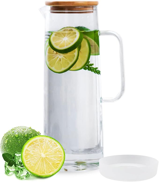 hjn Glass Pitcher with Lid Glass Water Carafe with Handle, Fridge Water Jug Cold or Hot Beverages, Iced Tea, Milk, Juice 1500ml/51oz & bamboo lid