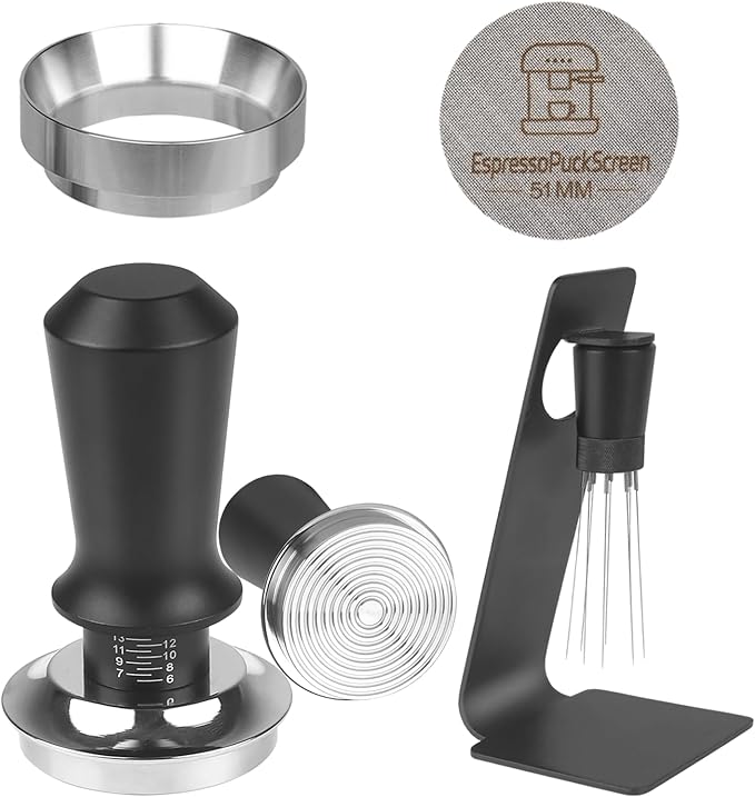 51mm Espresso Tamper Set - Dual-Spring Calibrated Coffee Tamper, 8-Needle WDT Tool Espresso Distribution Tool, Magnetic Aluminum Dosing Funnel, Reusable Puck Screen, Fit for 51mm Portafilters
