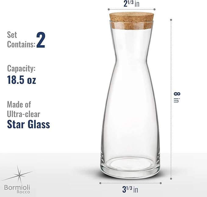 Bormioli Rocco Ypsilon Glass Carafe Set with Cork Tops, Set of 2-18.5 oz Contemporary Juice Containers & Drink Dispensers for Wine, Water, Milk - Dishwasher Safe Bar Glassware for Entertainment