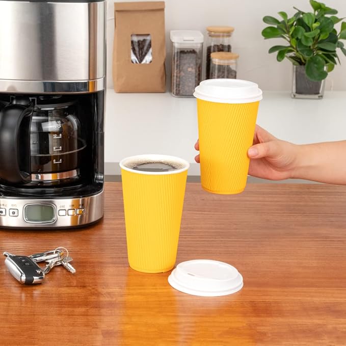 Restaurantware 16 Ounce Ripple Wall Disposable Coffee Cups, 500 Insulated Yellow Paper Tumblers with Rolled Rim Design, Lids Sold Separately for Hot Drinks like Tea, Hot Chocolate and More
