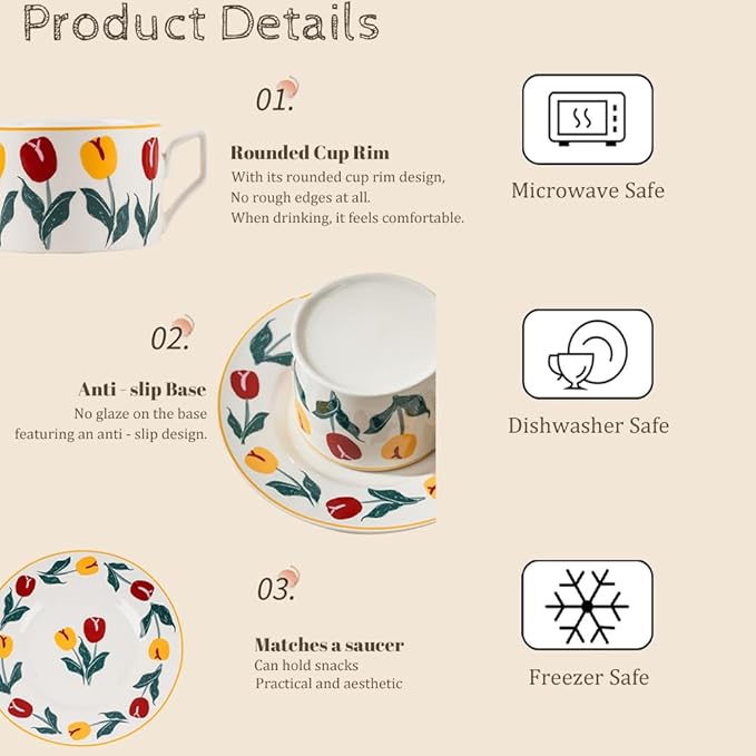 Ceramic Coffee Cup with Saucer, 8.5oz Floral Porcelain Tea Cup with Premium Gold Spoon and Gift Box, Dishwasher and Microwave Safe, Cup Mug for Coffee Cappuccino Espresso Latte