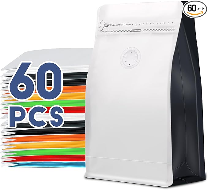 Coffee Bags with Valve(60pcs,8 oz,1/2 lb) Vented Coffee Beans Packaging Bags High Barrier Aluminumed Foil Flat Bottom Heat Sealed Side Zipper Resealable Storage Bag for Home or Business（White+Black）