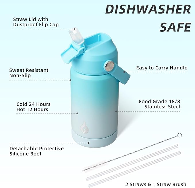 BJPKPK Insulated Water Bottle with Straw Lid, 12oz Thermos Water Bottles, Flex Handle & Non-slip Boot, BPA Free Leak Proof Stainless Steel Metal Thermos, Tumblers, Cups, Sea Salt