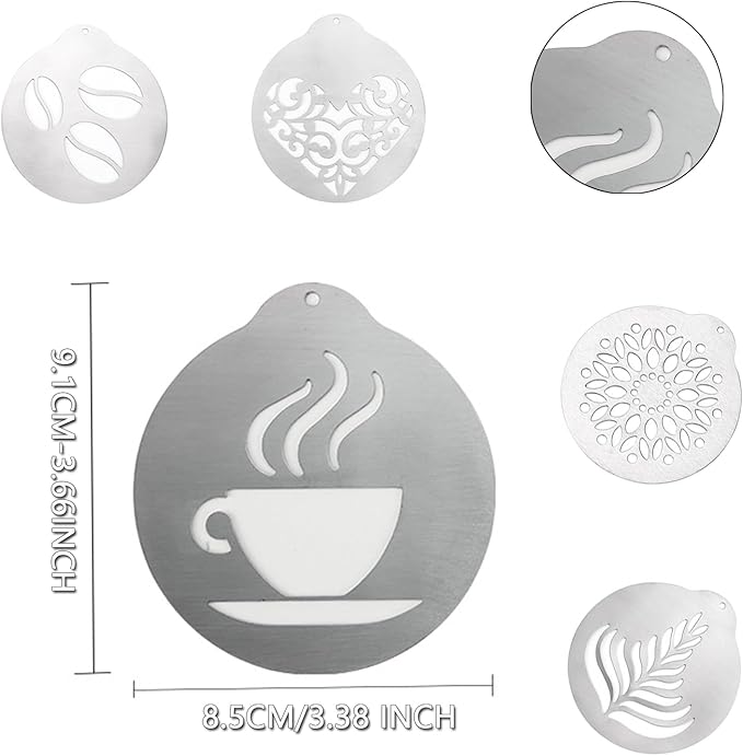 Stainless Steel Coffee Decorating Stencils Foam Barista Templates Decorative Latte Art Stencils Metal Foam Latte Art Templates for DIY Coffee Decor Coffee Making Accessories