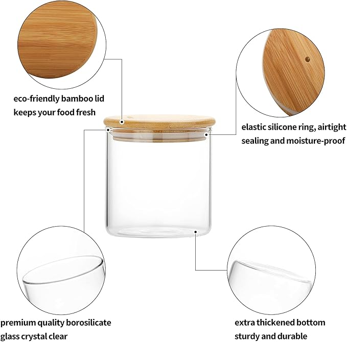SIXAQUAE Glass Food Storage Containers Jar Seal Bamboo Lids 4 Packs 600ml Airtight Canister Organization Sets Stackable…