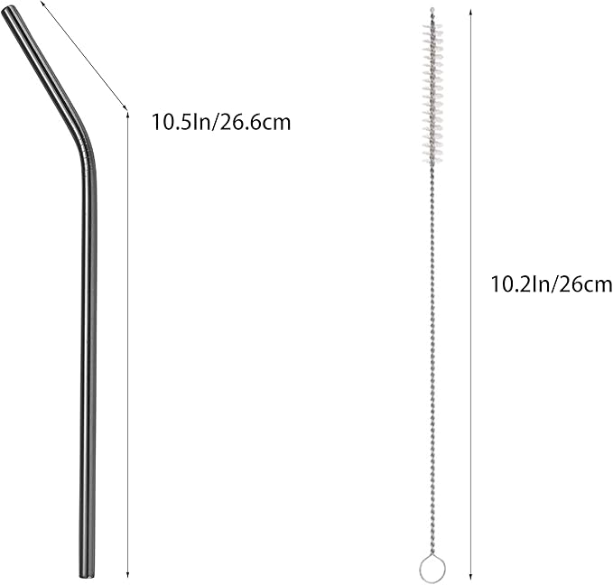 10 Pcs Stainless Steel Straws, Reusable Drinking Straws, Bent Metal Straw Sets with 2 Pcs Cleaning Brushes (Black, 10.5 Inch)