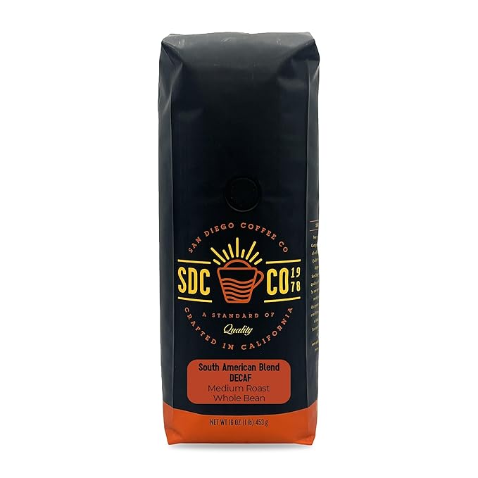 San Diego Coffee DECAF South American Blend, Medium Roast, Whole Bean Coffee, 16-Ounce Bag Café en grano tostado descafeinado