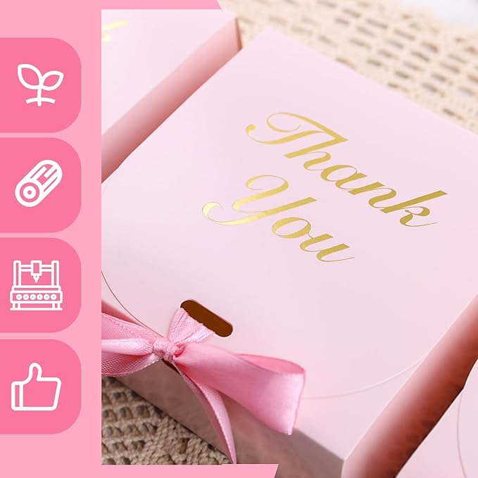 VGOODALL 20PCS Thank You Gift Boxes, 4.5x4.5x1.9Inches Mini Party Favor Boxes Pink Treat Bags with Bow Ribbon for Wedding Bridal Baby Shower Birthday Party