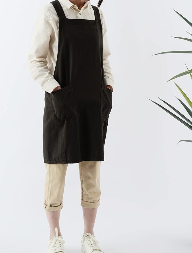 Soft Cotton Linen Apron for Women - Non-tie Cross Back Apron with Pockets, Great for Florist and Kitchen