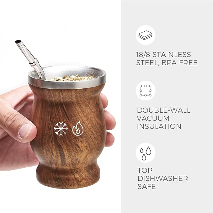 BALIBETOV Stainless Steel Double-Wall Mate Cup And Bombilla Set - Yerba Mate set Includes One Yerba Mate Cup, 2 Bombillas Mate (Straw) & Brush - Easy to Clean (Wood)