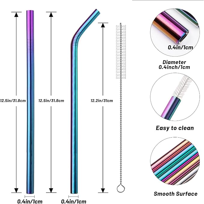 VEHHE Metal Stanley Straw, 12.5-inch Long Stainless Steel Stanley Cup Straw, 4 Pack Reusable Drinking Straws with Cleaning Brush for Stanley Cup Accessories(Rainbow)