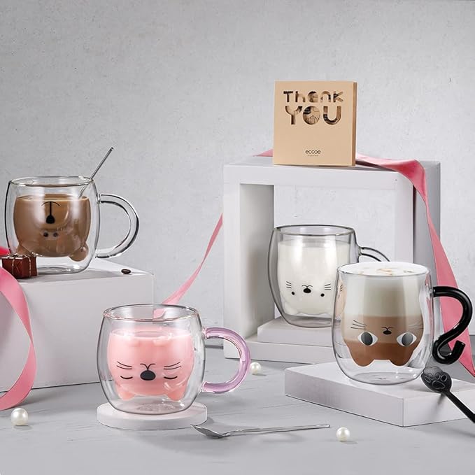 ecooe Cute Bear Mug Glass Coffee Cup 9.8oz Double Walled Glass Mug Cappuccino Latte Glass Cup with Handle Spoon, Milk Tea Bear Cup Birthday Christmas Valentine's Day Gifts for Women Kids Girls Friends
