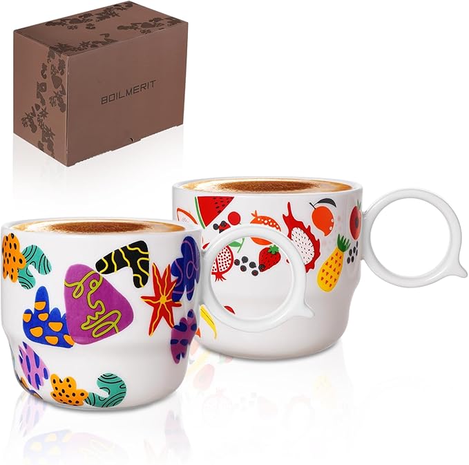 Ceramic Espresso Cups Set of 2 – Mini 3 oz Double Espresso Coffee Cups Small Espresso Shot Cups with Cute Q Handle, Gift for Coffee Lovers, Floral and fruit Patterns-White