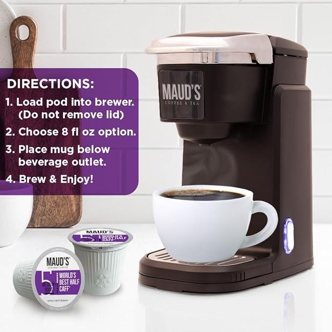 Maud's Half Caff Coffee Pods, 18 ct, Medium Roast Coffee in Recyclable Single Serve Pods – 100% Arabica Coffee, Compatible with Keurig K Cups Maker