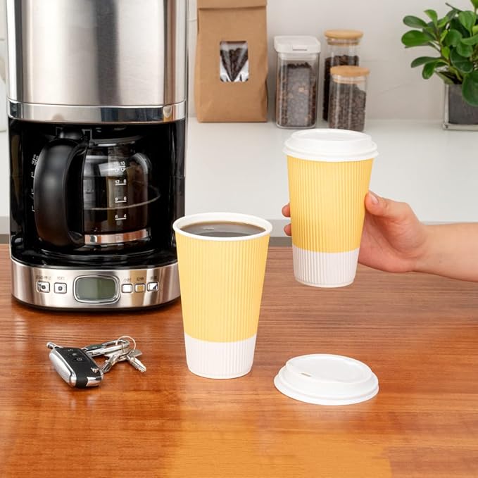 Restaurantware 16 Ounce Double Wall Disposable Coffee Cups, 500 Insulated Light Yellow Paper Tumblers with Ripple Wall Design, Lids Sold Separately for Hot Drinks like Tea, Hot Chocolate and More