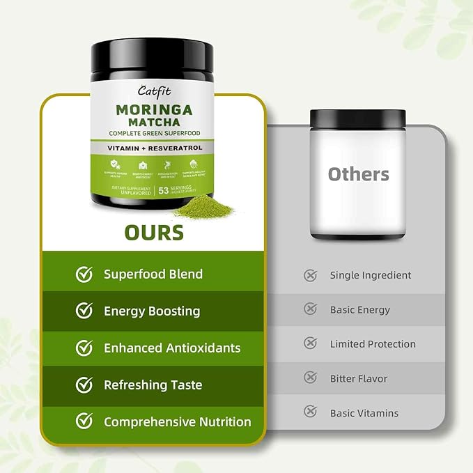 Matcha Powder with Moringa, Green Tea and Resveratrol, 4-in-1 Superfood for Energy, Immune, Digestion and Antioxidant Support, Vegan, Gluten-Free, 5.64 oz