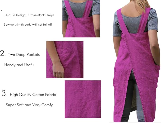 Women's Pinafore Square Apron Baking Cooking Gardening Works Cross Back Cotton/Linen Blend Dress with 2 Pockets