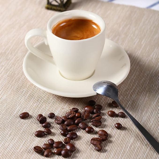 Porcelain Espresso Cup with Saucer And Stainless Steel mini Spoons, Espresso shot Cup, 80ml/2.7Oz, Pack of 2, White