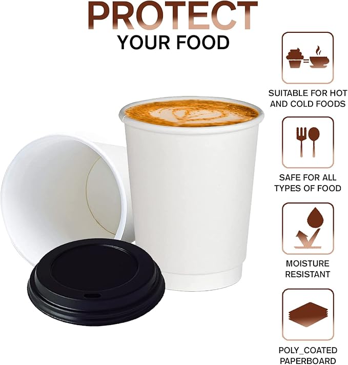 Smygoods White - Double Wall Coffee Cup - (12 OZ, 26 Count) For Hot Beverages, Tea, Espresso, Cocoa - To Go Drink Containers, Café & Office