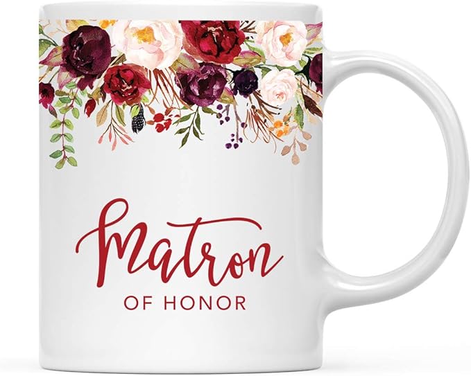 Andaz Press 11oz. Wedding Ceramic Coffee Tea Mug Gift, Fall Autumn Marsala Burgundy Flowers Roses Florals, Matron of Honor, 1-Pack, Includes Gift Box