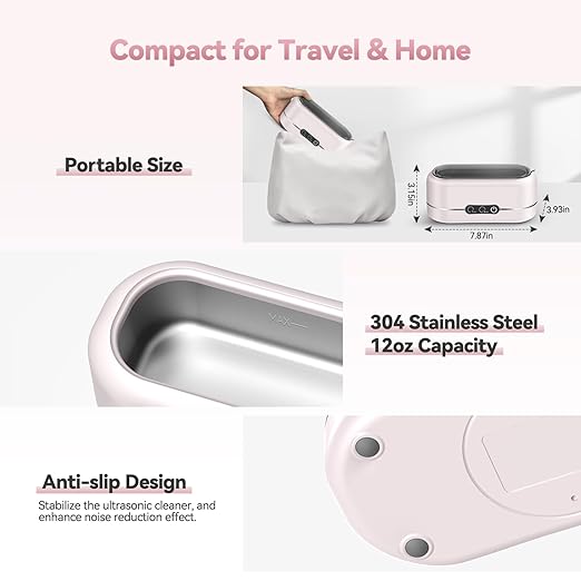Ultrasonic Jewelry Cleaner, Upgraded 48KHz Ultrasonic Cleaner Machine with 304 Stainless Steel for Jewelry, Eyeglasses, Rings, Dentures, Watch Strap（Light Pink）