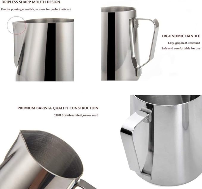 Milk Frothing Pitcher Cup, 12oz/350ML Milk Frother Cup Stainless Steel Steaming Pitcher Milk Jug Coffee Latte Art Cappuccino Espresso Machine Accessories Barista Steam Pitchers Attached Dessert Spoons