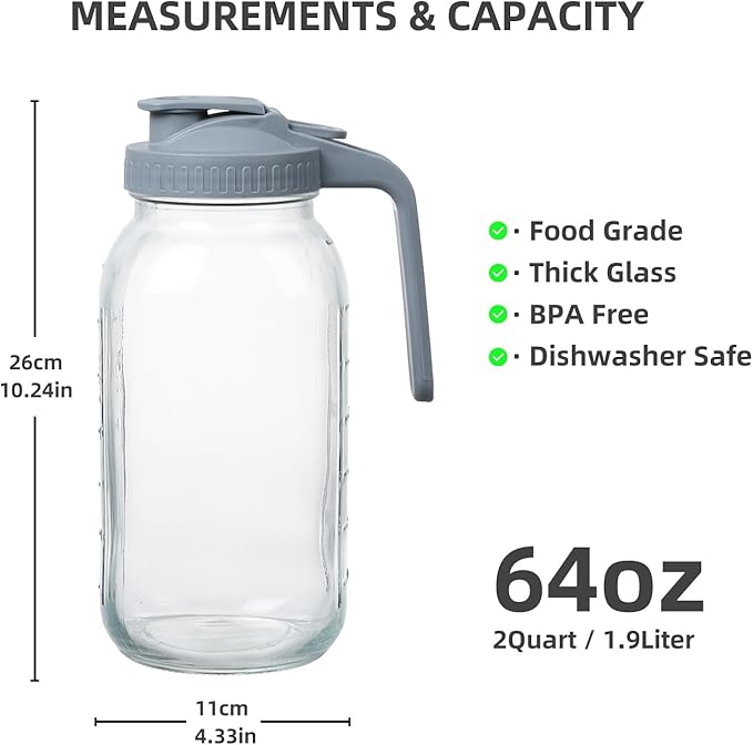 Glass Mason Jar Pitcher with Pour Spout Handle Lid, Breast Milk Pitcher Jug for Ice Tea, Cold Brew Coffee, Fridge Water, Juices, Leak Proof Storage Container