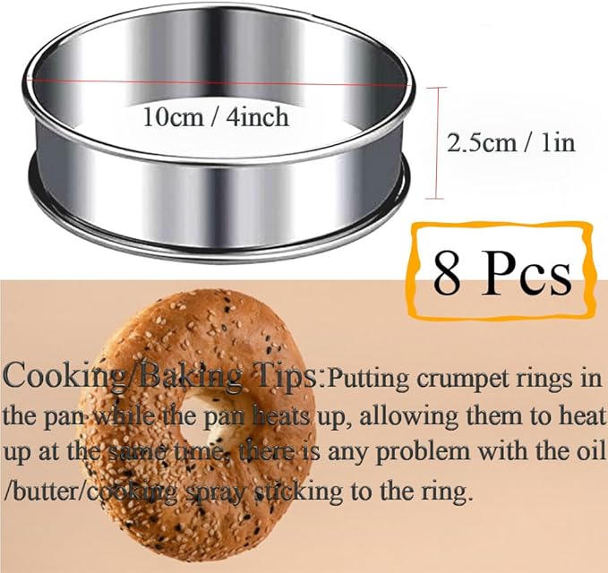 8-Pieces English Muffin Rings 4 Inch Crumpet Rings Stainless Steel Double Rolled Nonstick Metal Round Tart Ring Molds for Cookie Cooking Baking