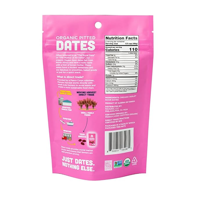 Mavuno Harvest Pitted Dates Dried Fruit Snacks | Organic Dried Dates | Healthy Snacks for Kids and Adults| Deglet Noor Dates | No Sugar Added, Vegan, Non GMO | Resealable 4 Ounce Bags, Pack of 3
