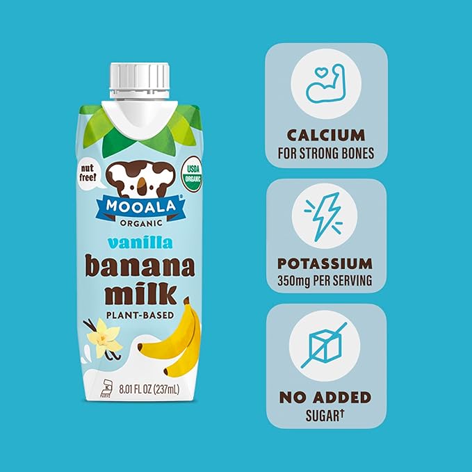 Mooala - Organic Vanilla Bananamilk, Lunchbox Friendly, Shelf-Stable, Non-Dairy, Nut-Free, Plant-Based Beverage, On the Go 12 Pack