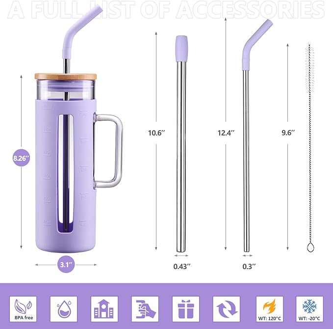 Kodrine Tumbler with Lid and Straw, 20 oz Glass Coffee Tumbler with Handle, Smoothie Cup with Bamboo Lid | Time Marker | Silicone Protective Sleeve, BPA Free - Purple